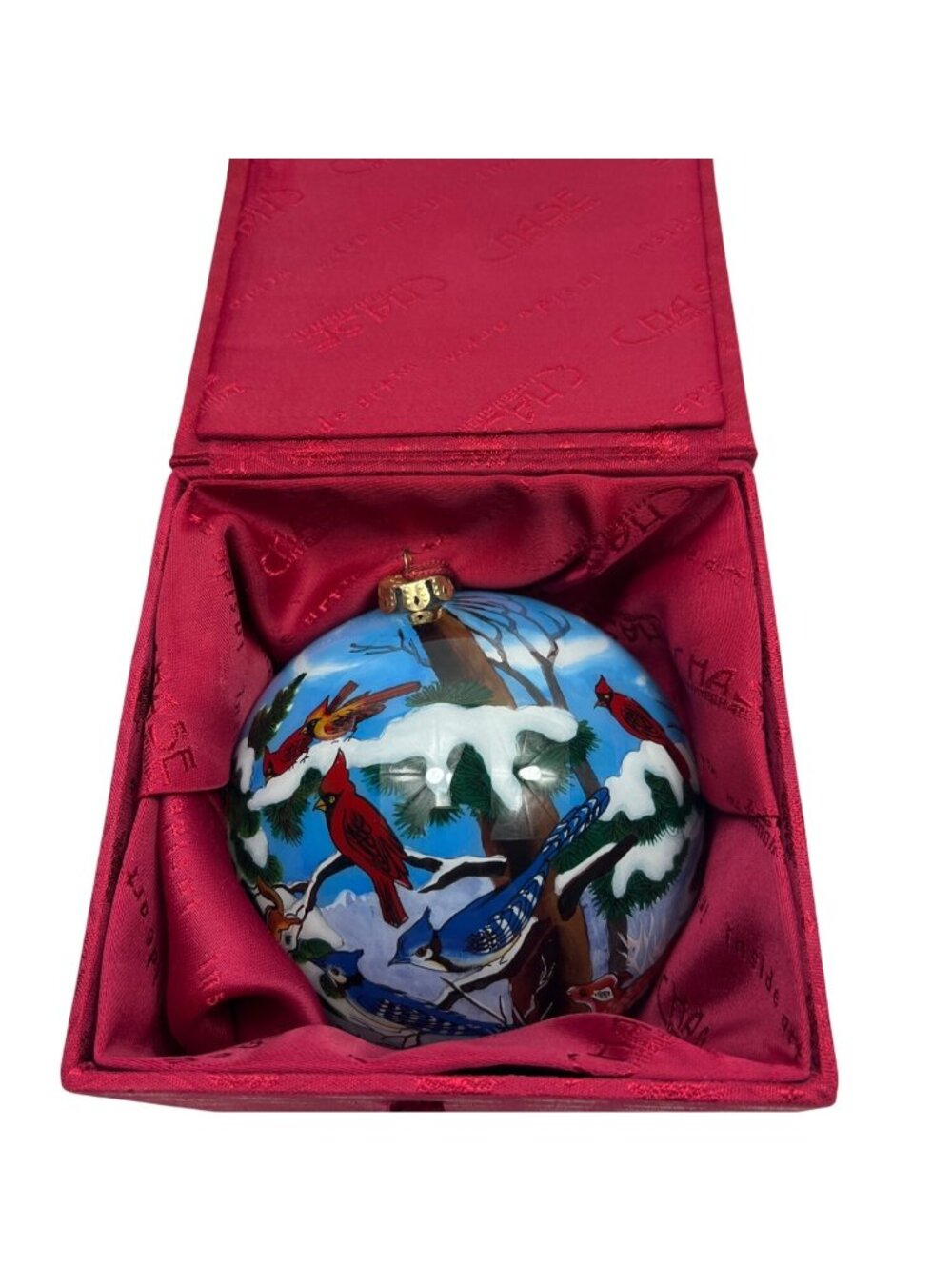 Hand-Painted Winter Scene Glass Ornament With Wildlife & Snowman In Red Gift Box